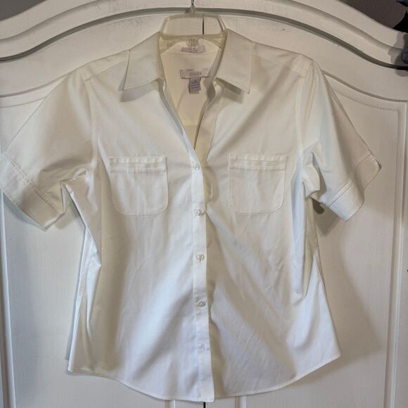 Chico's White Camp Shirt, No Iron Cotton, Size Medium - Picture 2 of 9